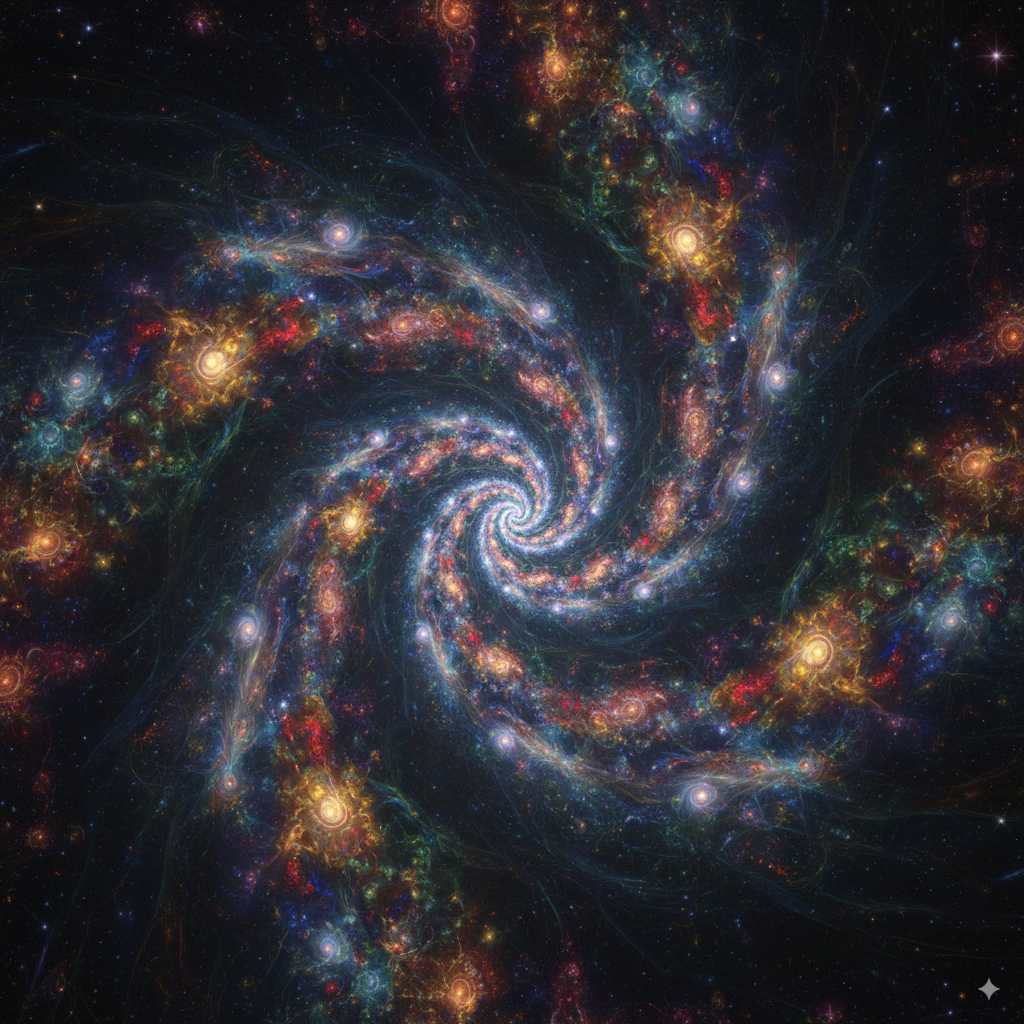 Cosmic fractal landscape showing multiple nested universes within each particle and galaxy